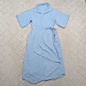 Free People Dress Womens XS Blue Cotton Carefree Days Wrap Midi Minimal Cottage